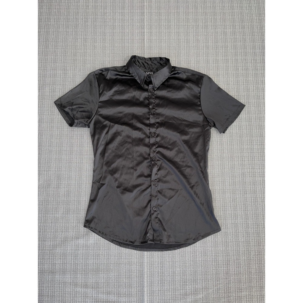 Man Boohooman Shirt Mens Large Black Silk Stretch Button Up Streetwear Casual